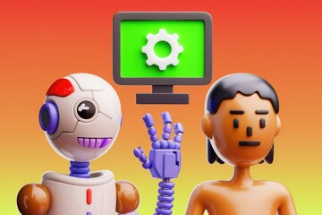 Poster - Friendly robot and human collaborate on a computer screen displaying a gear icon, symbolizing teamwork and technical solutions.