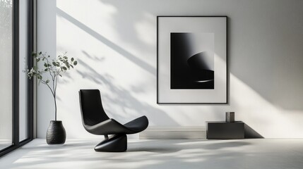 Poster - Minimalist black and white sitting area featuring a unique chair and modern artwork in a serene, well-lit environment