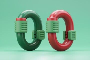 Leinwandbilder - Abstract 3D render of interconnected green and red curved shapes, symbolizing connection or linkage.