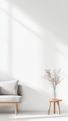 Aufkleber - Sunlight streams into a minimalist living room, illuminating a comfortable sofa, a small wooden table holding a vase with delicate plant branches, creating a serene and stylish atmosphere