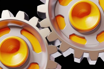 Poster - Interlocking gears, orange and silver, represent teamwork, precision, and complex machinery.