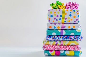 Wall Mural - Birthday gifts stacked neatly with bright, shiny wrapping paper and colorful bows against pure white background