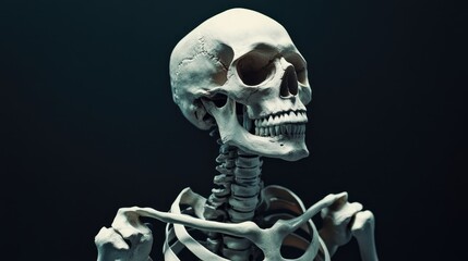 Human skeleton model displayed against a dark background highlighting anatomical details and structure in a medical or educational context.