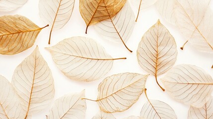 Poster - Translucent skeleton leaves arranged on a white background showcasing autumn beauty and intricate vein patterns in a close-up view.