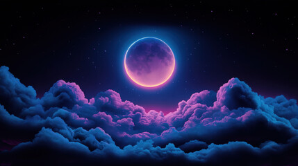 Wall Mural - Cosmic Dreamscape: A celestial tapestry of vibrant hues and ethereal beauty, a full moon glows with a neon light, casting an otherworldly ambiance on the clouds beneath.
