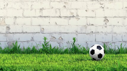 Wall Mural - Soccer Field Landscape featuring Black and White Ball on Green Grass with Textured White Brick Wall Background