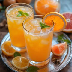 Orange punch cocktail cold and refreshing with orange slice on color background summer drink