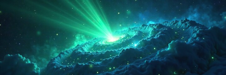 a brilliant green radiation burst illuminates a stunning blue nebula, cosmic, blue