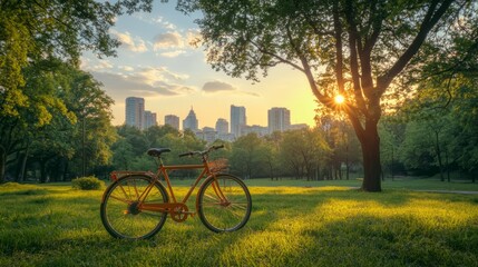 Wall Mural - Sunset cityscape view from a park with a bicycle.