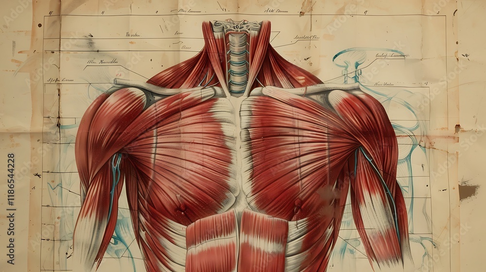 An educational chart displaying the human chest muscles, including the ...