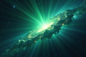 a brilliant green radiation burst illuminates a stunning blue nebula, radiant, burst, light