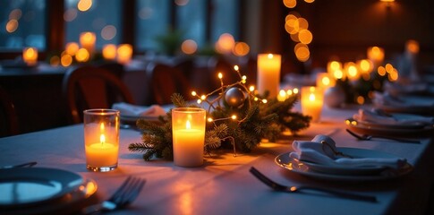 Wall Mural - Twinkling lights adorn a festive table centerpiece, glow, colors