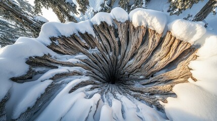 Wall Mural - Snow-covered tree branches showcasing intricate patterns formed by piled snow in a serene winter landscape.