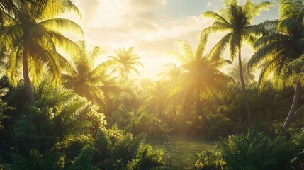 Wall Mural - Lush tropical palm forest at sunset with golden rays illuminating the foliage and creating a serene natural atmosphere