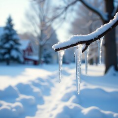 Wall Mural - Frosty icicles hanging from a tree branch on a winter morning, snow, nature