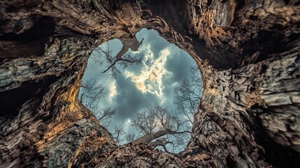 Wall Mural - sky view through the hollow trunk of an ancient tree showcasing the interplay of light and nature's 