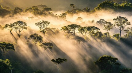 Wall Mural - serene tropical rainforest under gentle sunlight with mist illuminating treetops and casting etherea