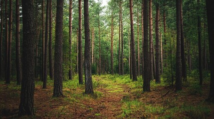 Wall Mural - serene tropical pine forest with tall trees and lush underbrush in natural light