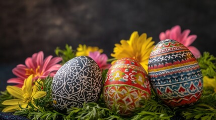 Traditional hand-painted Easter eggs with intricate folk patterns and ornaments displayed with fresh spring flowers and greenery against dark rustic background in festive composition.