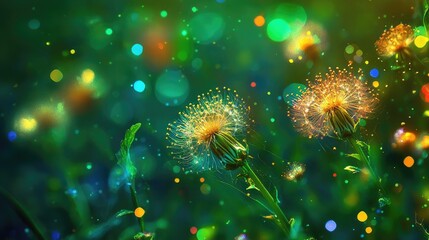 Wall Mural - Dandelion flowers with blowballs in vibrant green background featuring colorful bokeh effect creating a serene and enchanting atmosphere