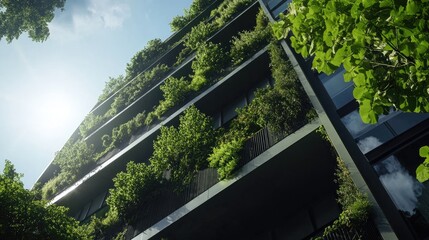 Wall Mural - Eco-friendly architecture with greenery on building facade under sunlight showcasing sustainable urban living practices