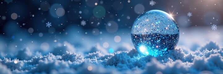 Wall Mural - Glittering blue sphere amidst a winter wonderland, glitter, snowflake, holiday