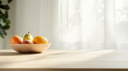 Leinwandbilder - Wooden bowl brimming with fresh oranges, pears, and peaches resting on a wooden table in a bright kitchen, positioned near a window adorned with white curtains