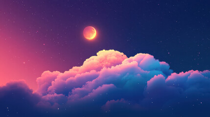 Wall Mural - celestial dreamscape: a crescent moon bathes fluffy clouds in a dreamy, vibrant palette of pink and 