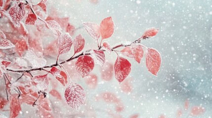 Wall Mural - Winter scenery featuring snow-covered branches with vibrant red leaves against a soft, snowy backdrop capturing seasonal beauty and tranquility.