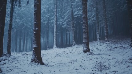Wall Mural - Snowy woodland landscape at dusk with tall trees and a serene winter atmosphere showcasing soft snow cover and fading light.