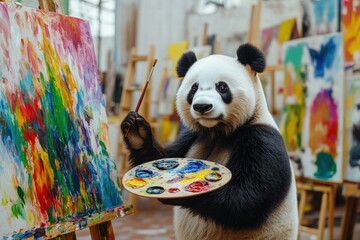 Fototapete - Panda creatively painting with a brush and palette in a colorful art studio filled with vibrant artwork. Generative AI