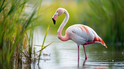 Elegant greater flamingo standing in serene wetland with vibrant foliage showcasing the beauty of European wildlife in natural habitat