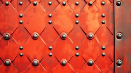 Sticker - Textured vintage metal surface with orange and red hues adorned with decorative studs and geometric patterns for design backgrounds.