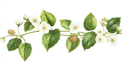 Canvas Print - Strawberry plant illustration featuring ripe fruit, green leaves, and white flowers on a clean white background.