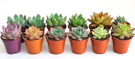 Poster - Colorful succulent plants in terracotta and purple pots against a white background perfect for home decor and indoor gardening inspiration