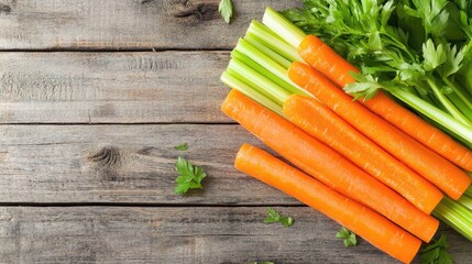 Fresh carrots and celery arranged on a rustic wooden table showcasing healthy vegetables for culinary use and nutrition concepts.