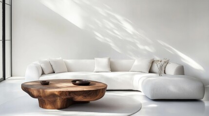 Sticker - Minimalist Living Room with White Sofa and Wooden Coffee Table Against Bright White Wall