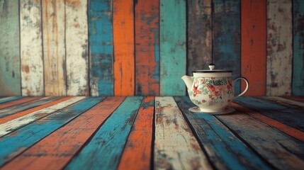 Poster - Colorful vintage wooden wall and floor interior with floral teapot creating a cozy rustic background texture for design projects.