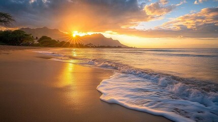 Wall Mural - Serene Hawaiian sunrise illuminating waves on the shore with majestic mountains in the background reflecting golden hues and tranquil beauty