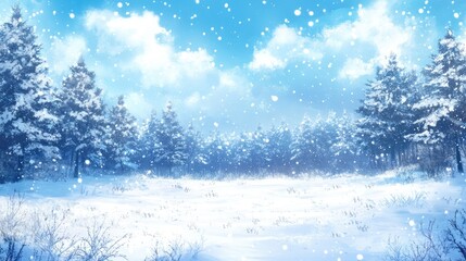 Wall Mural - Snowy landscape featuring a serene field surrounded by a winter forest under a bright blue sky with falling snowflakes