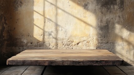 Wall Mural - Rustic wooden tabletop for product display with soft shadows in an aged, atmospheric interior setting