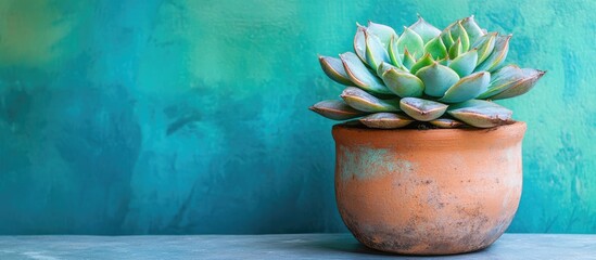 Wall Mural - Succulent plant flourishing in rustic clay pot with contrasting blue textured backdrop showcasing natural beauty and vibrant colors