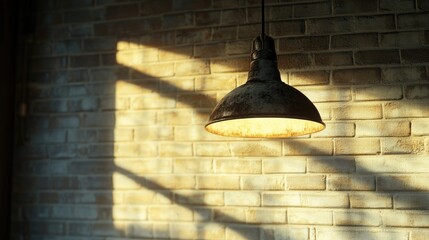 Sticker - Rustic vintage lamp illuminating a brick wall creating warm shadows in a cozy home interior