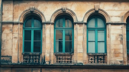 Wall Mural - Architectural detail of arched windows with vibrant teal frames set against a textured stone facade in a charming urban street scene