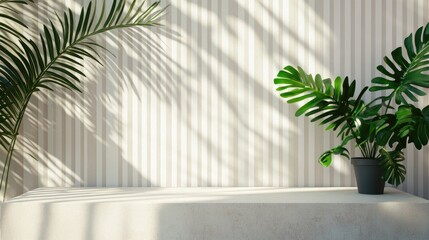 Sticker - Modern minimalistic interior with white striped podium and lush green plant decor casting shadows on the wall for stylish home or office design.