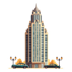 Poster - An illustration depicts a tall Art Deco skyscraper flanked by vintage cars and autumnal trees, creating a nostalgic urban scene.