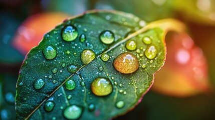 Canvas Print - Rainbow Water Droplets Reflecting Colors on a Green Leaf in Natural Light