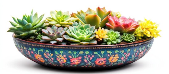 Wall Mural - Colorful succulent arrangement in a decorative pot with blooming flowers ideal for enhancing home interior aesthetics and decor styles