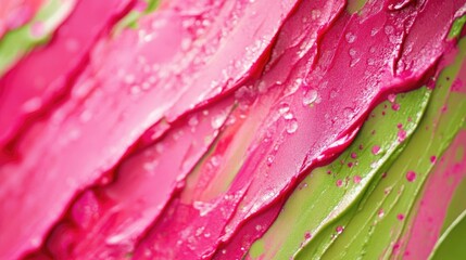 Wall Mural - Vibrant abstract texture showcasing pink and green paint with a glossy finish and water droplets for artistic backgrounds and designs