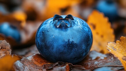 Wall Mural - Close-up of a single ripe blueberry on autumn leaves.